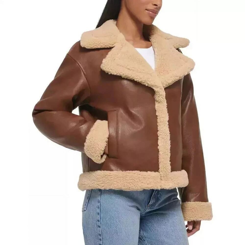 NWT Levi's Women's Faux Leather Sherpa Trim Trucker Jacket - Picture 2 of 7